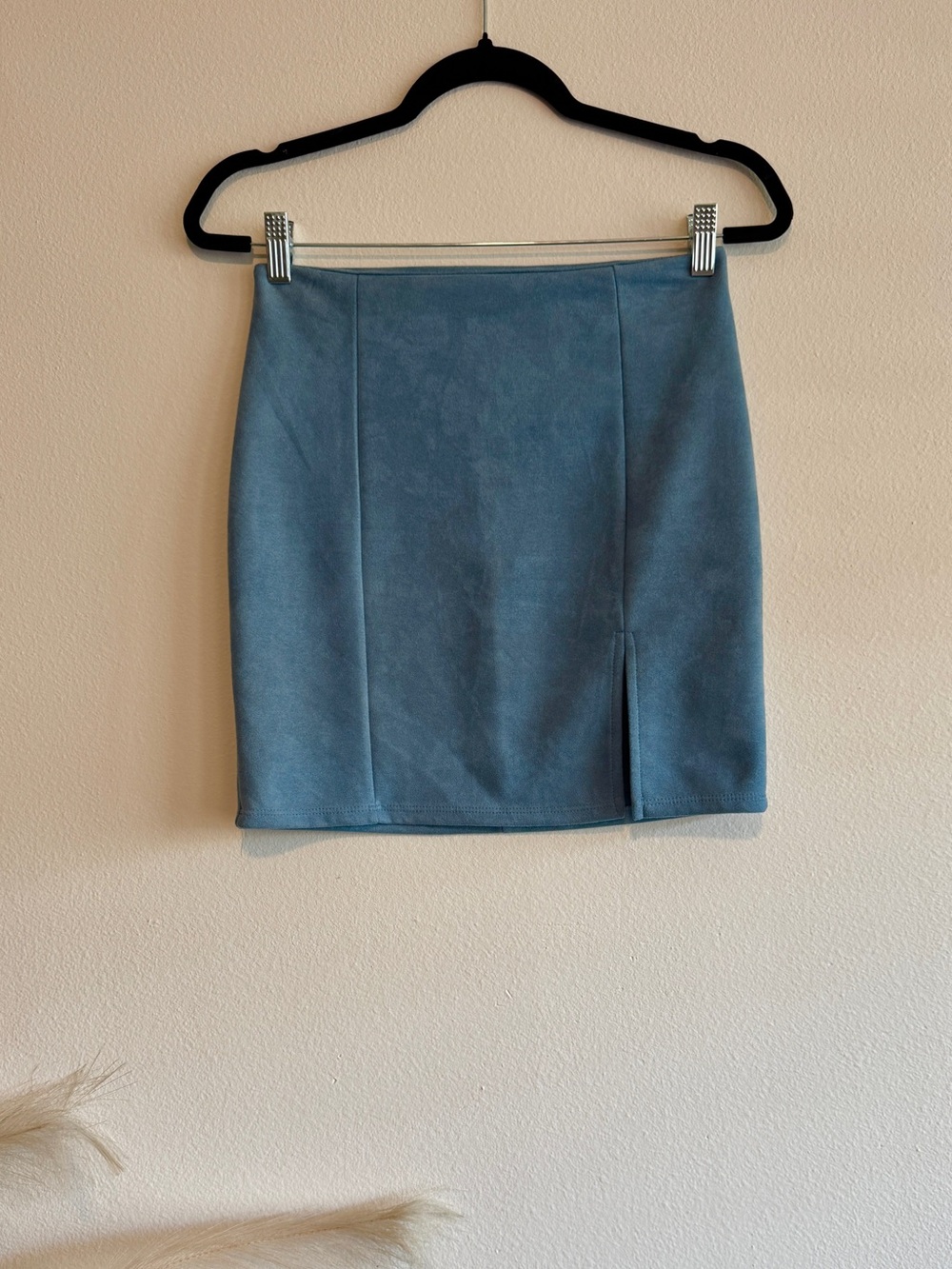 Soft Blue Suede Mini Skirt with Front Slit